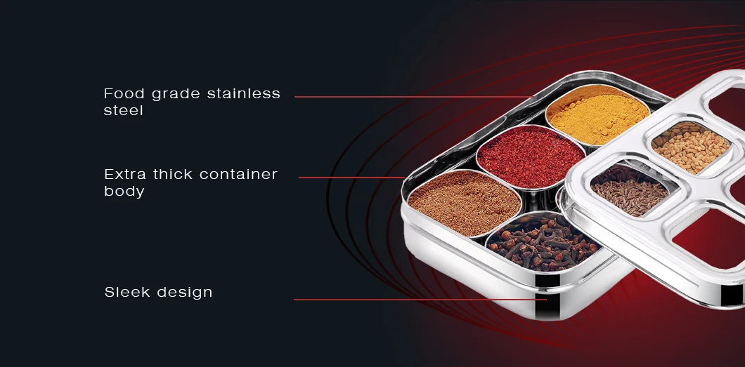 AVIAS stainless steel dry fruit cum spice box with 6 square compartments features