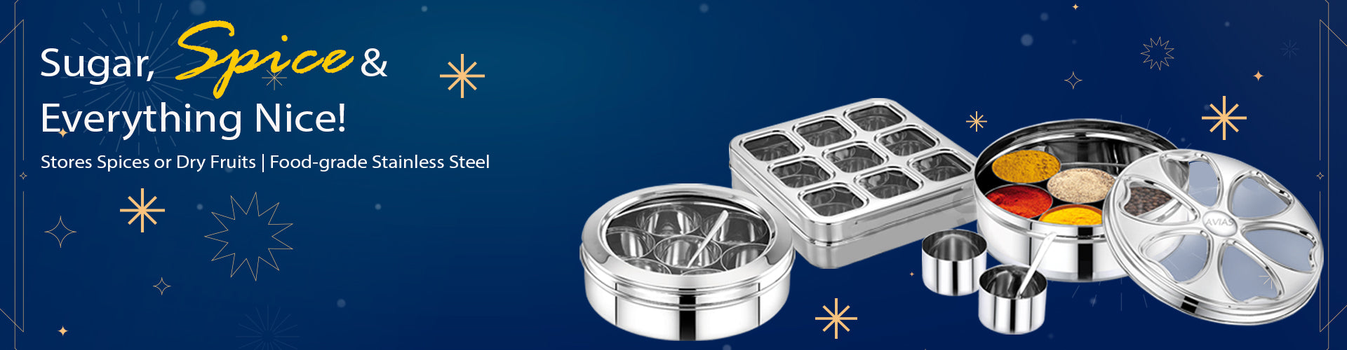 Avias stainless steel spice boxes, masala boxes for kitchen