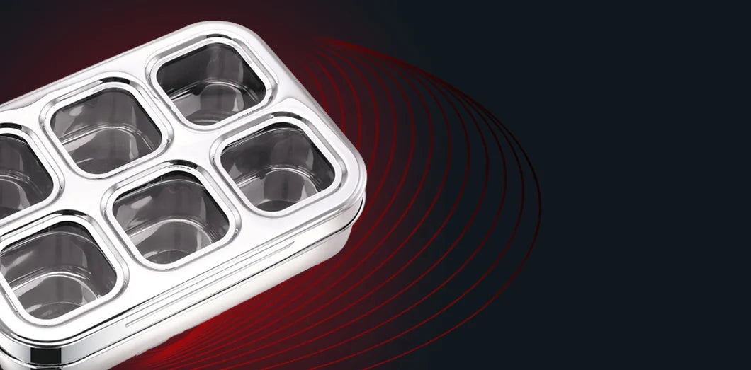 AVIAS stainless steel dry fruit cum spice box with 6 square compartments
