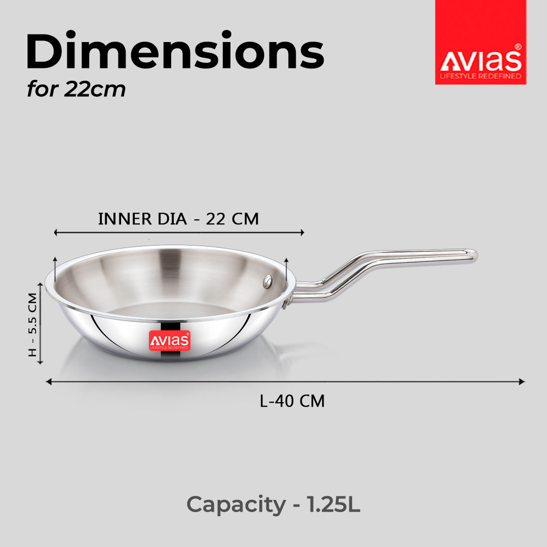 AVIAS AVI3 Triply Stainless Steel 5 Pcs Cookware Set, 22 cm Kadai with Lid, 22 cm Frypan, 14 cm Sauce Pan, Steel Casted Handles, Even and Fast Heating, Induction Bottom