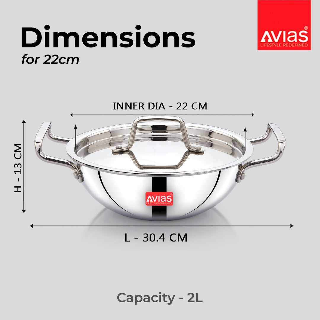 AVIAS AVI3 Triply Stainless Steel 5 Pcs Cookware Set, 22 cm Kadai with Lid, 22 cm Frypan, 14 cm Sauce Pan, Steel Casted Handles, Even and Fast Heating, Induction Bottom