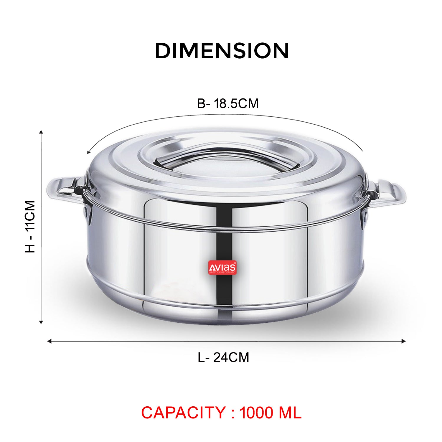 AVIAS Astra Double Wall Insulated Stainless Steel Casserole / Hot Box for Kitchen / Hot Case with Steel Lid / Silver Hot Pot for Roti-Rice-Gravy / Chapathi Box / Twisted Lock / 1000ml, 1500ml, 2500ml, 3500ml, 5000ml, 7500ml, 10000ml