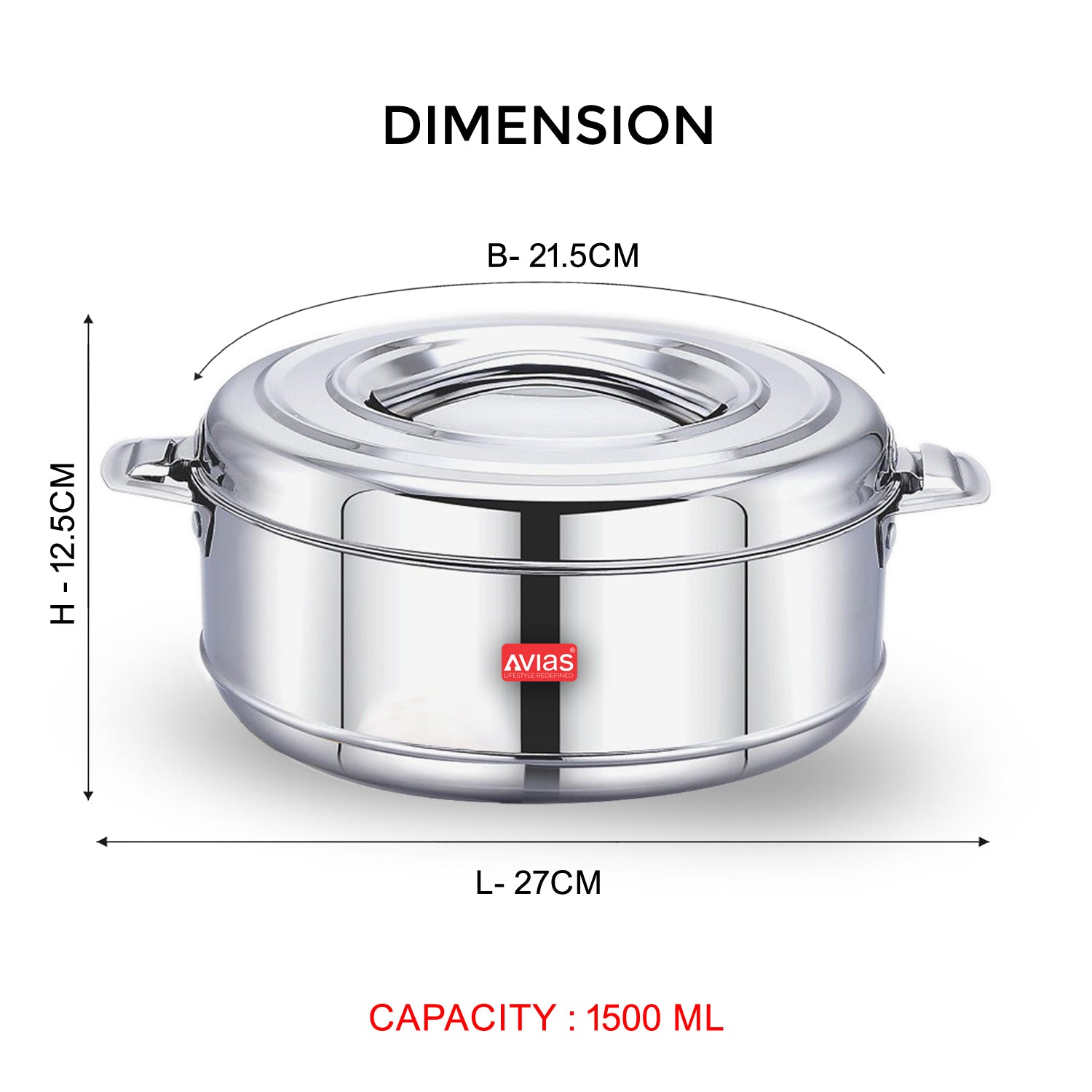 AVIAS Astra Double Wall Insulated Stainless Steel Casserole / Hot Box for Kitchen / Hot Case with Steel Lid / Silver Hot Pot for Roti-Rice-Gravy / Chapathi Box / Twisted Lock / 1000ml, 1500ml, 2500ml, 3500ml, 5000ml, 7500ml, 10000ml