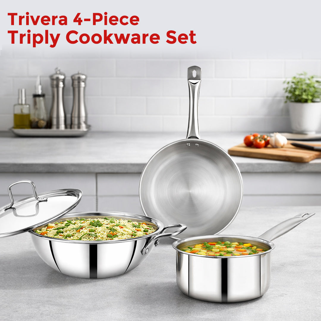 Avias Trivera Triply Stainless Steel Cookware Set | 4 Pc | Kadai + Frypan + Saucepan | SS Lid