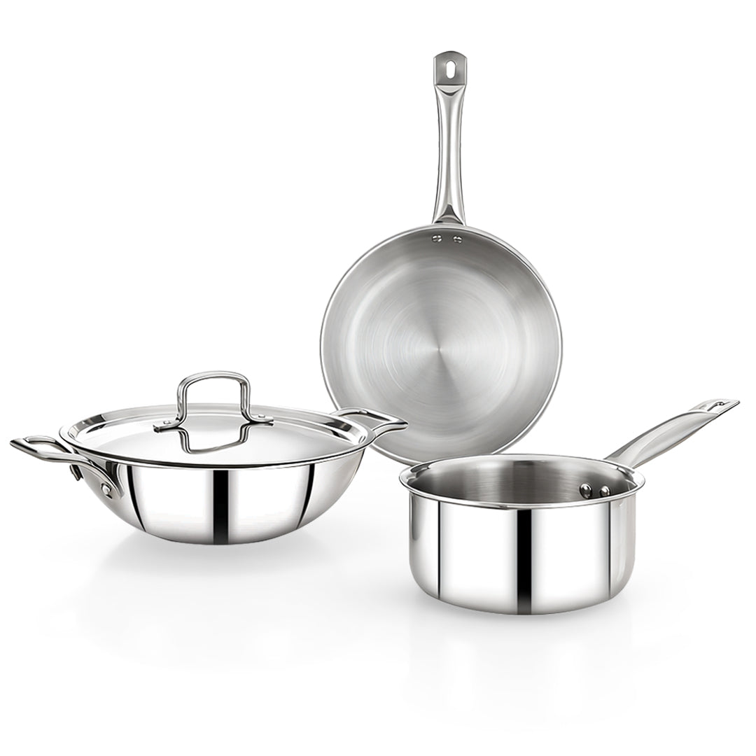 Avias Trivera Triply Stainless Steel Cookware Set | 4 Pc | Kadai + Frypan + Saucepan | SS Lid