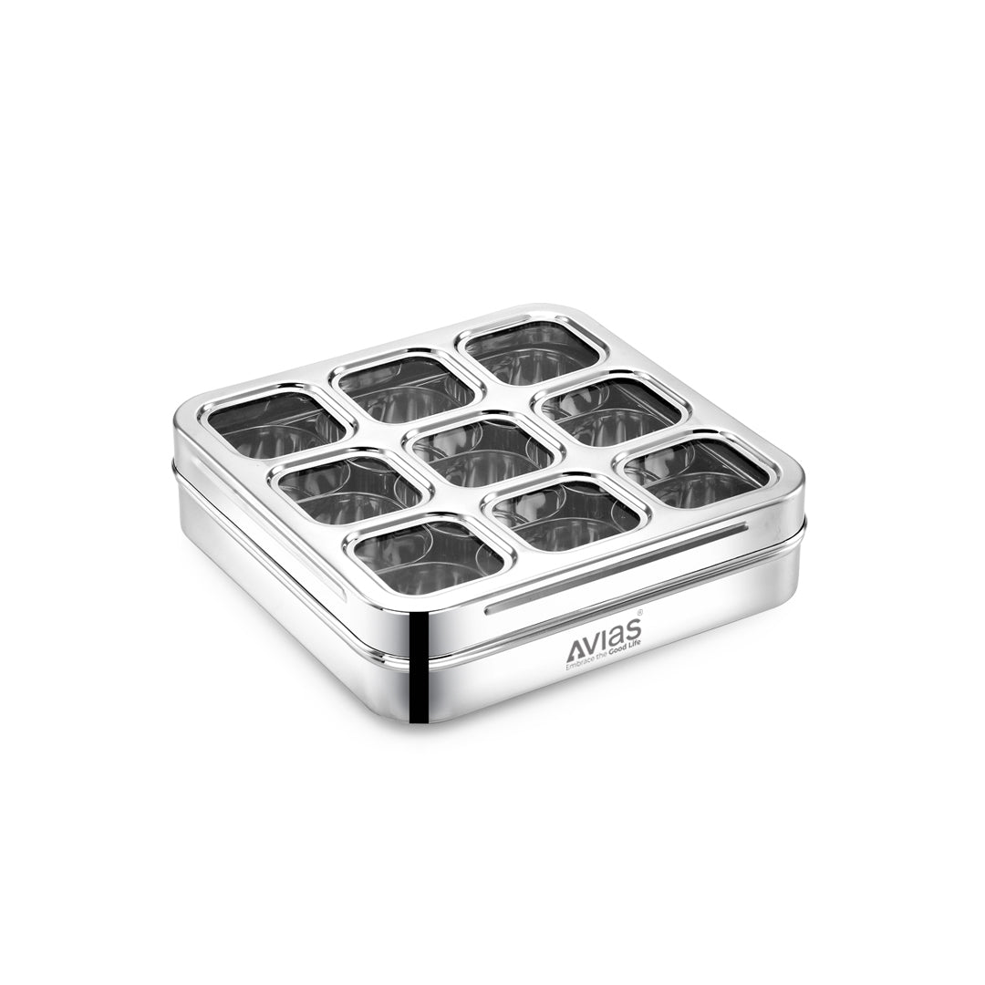 Avias 9-Square Stainless Steel Spice Box | Masala Dabba | 9 Compartments | Large