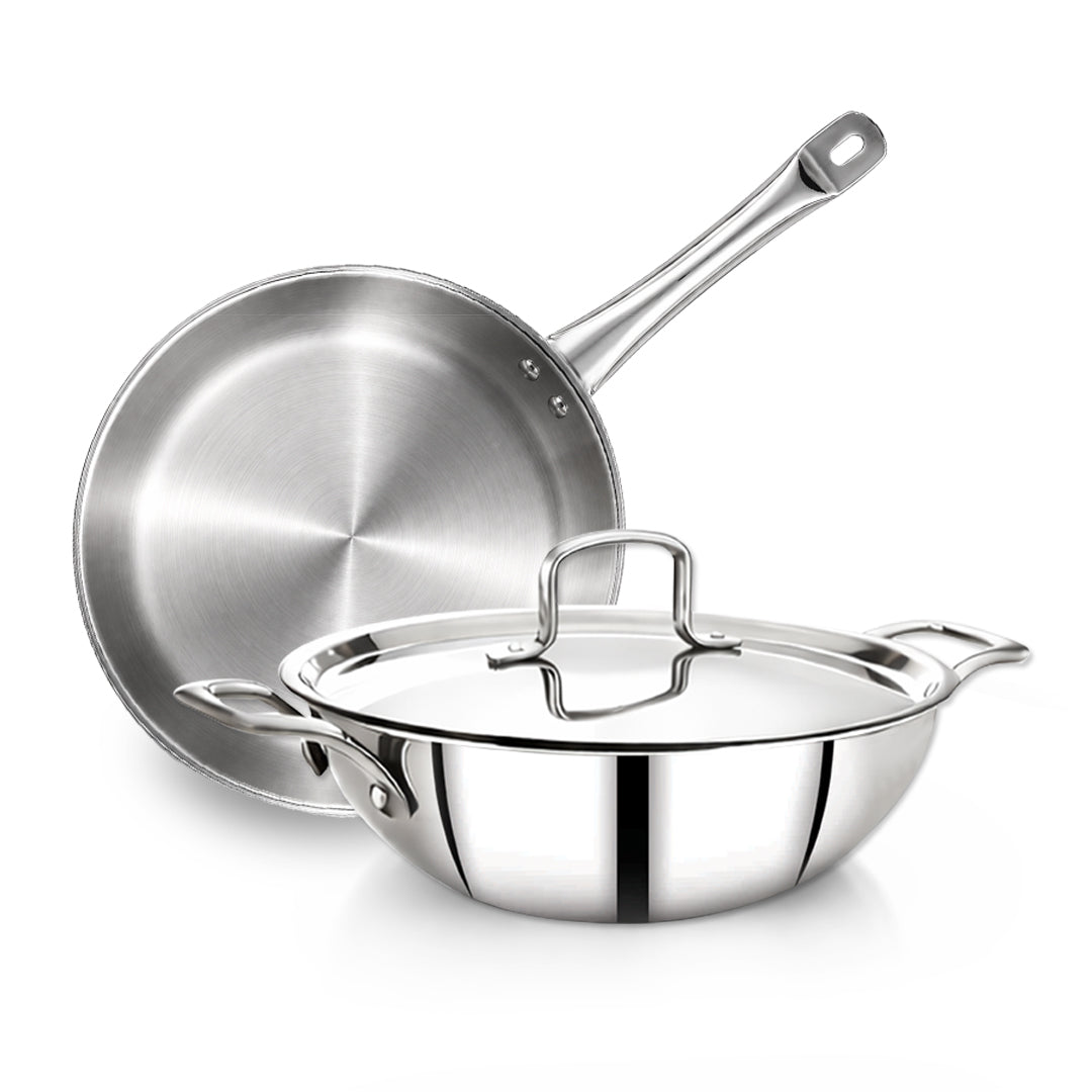 Avias Trivera Triply Stainless Steel Cookware Set | 3 Pc | Kadai + Frypan | SS Lid