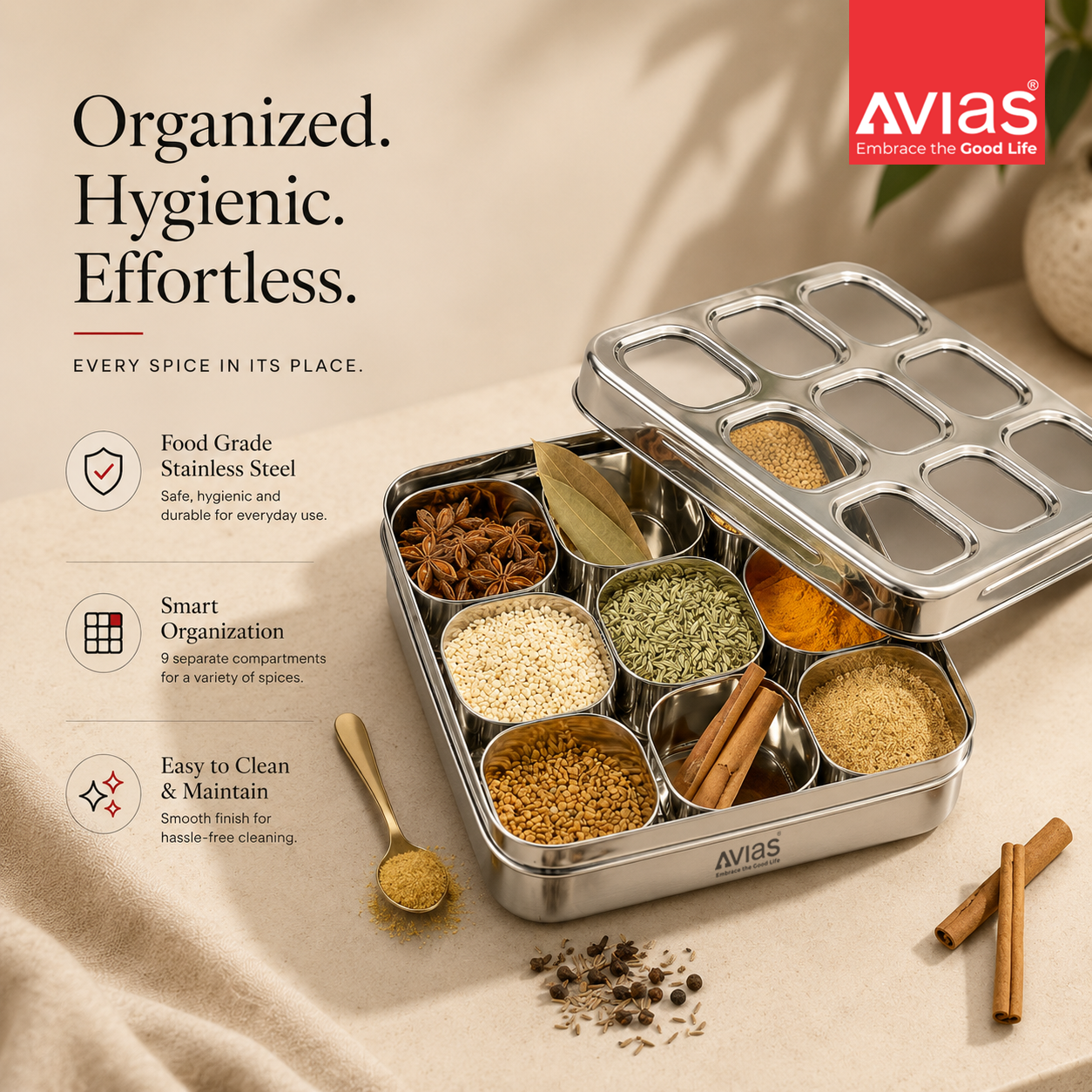 Avias 9-Square Stainless Steel Spice Box | Masala Dabba | 9 Compartments | Large