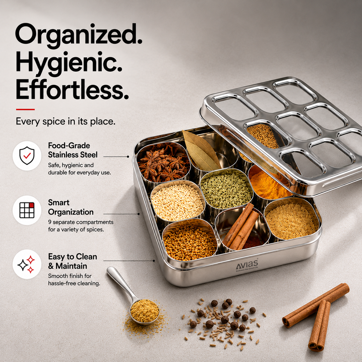 Avias 9-Square Stainless Steel Spice Box | Masala Dabba | 9 Compartments | Medium