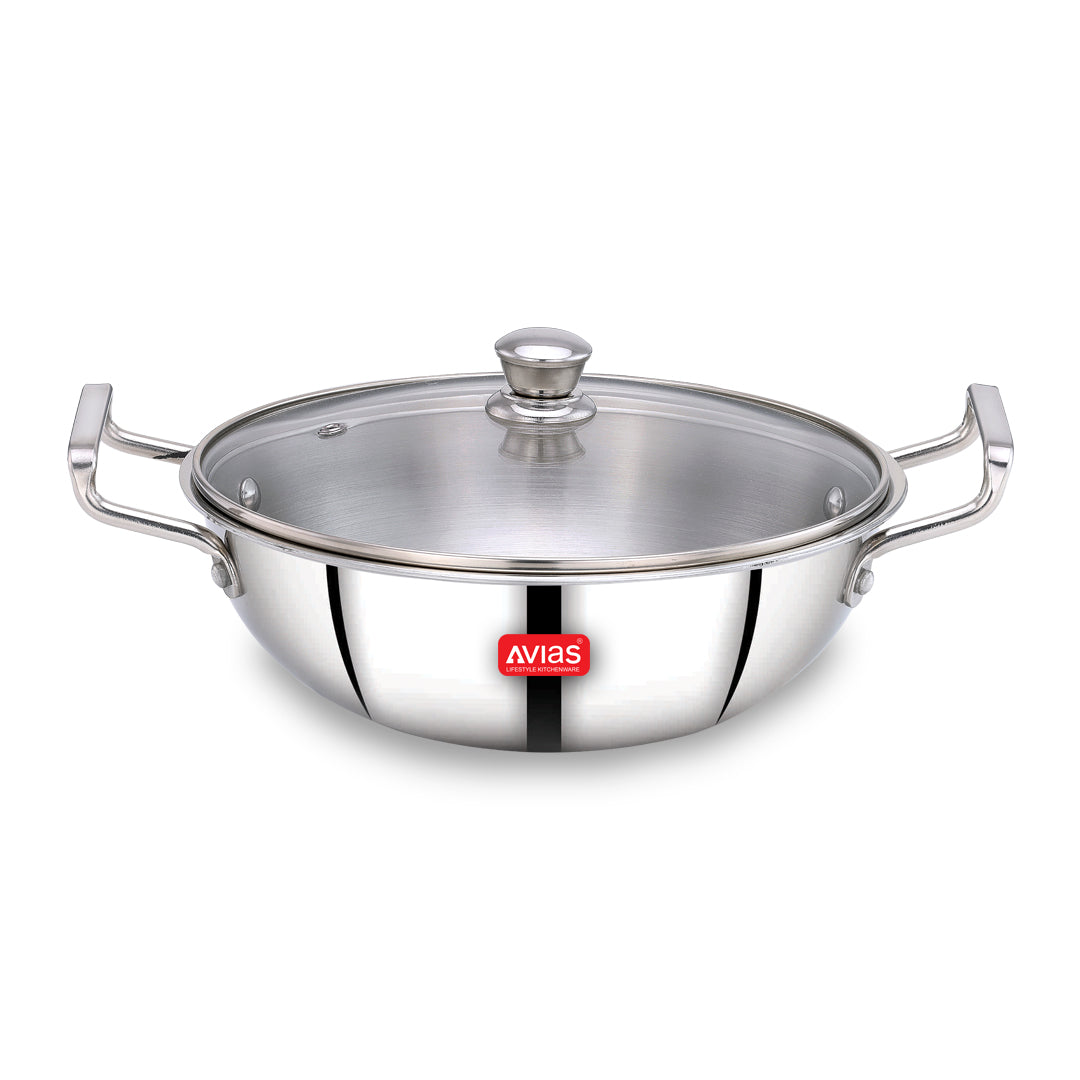 AVIAS AVI3 Triply Kadai, Stainless Steel Kadhai with Glass Lid, 3 Layer, Steel Casted Handles, Flat Bottom Kadhai with Induction Base, 2.5 Mm Thickness, 1.5 Litre Capacity