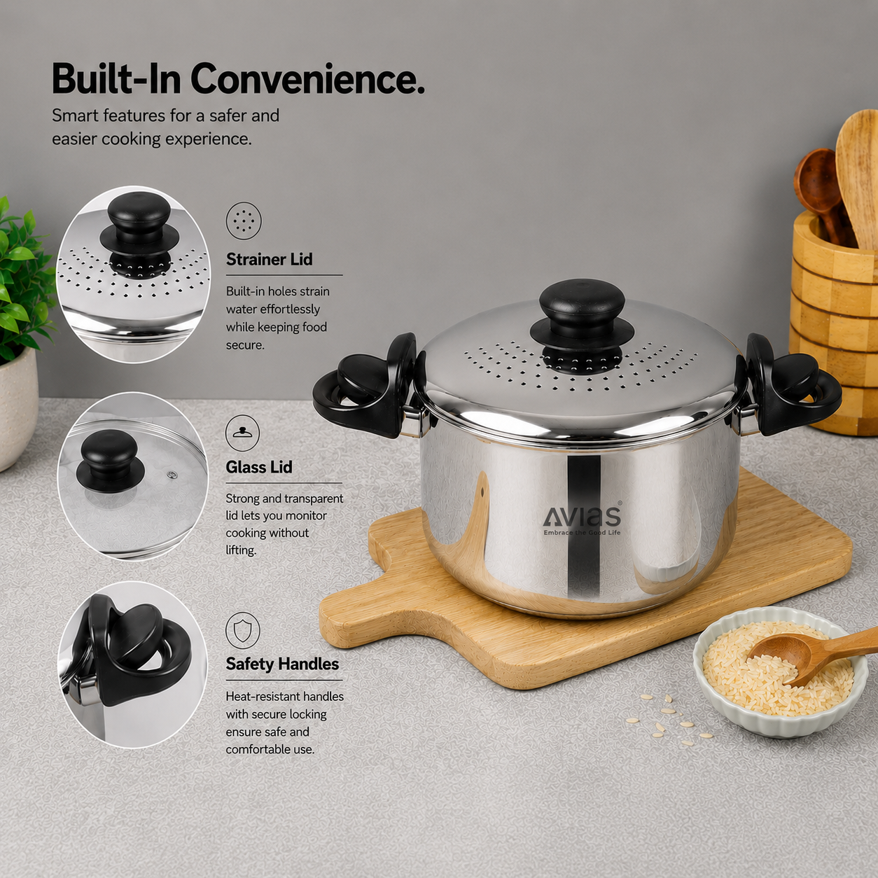 Avias Stainless Steel Strainer Pot 3.7L | Built-in Strainer + Glass Lid | Induction Compatible