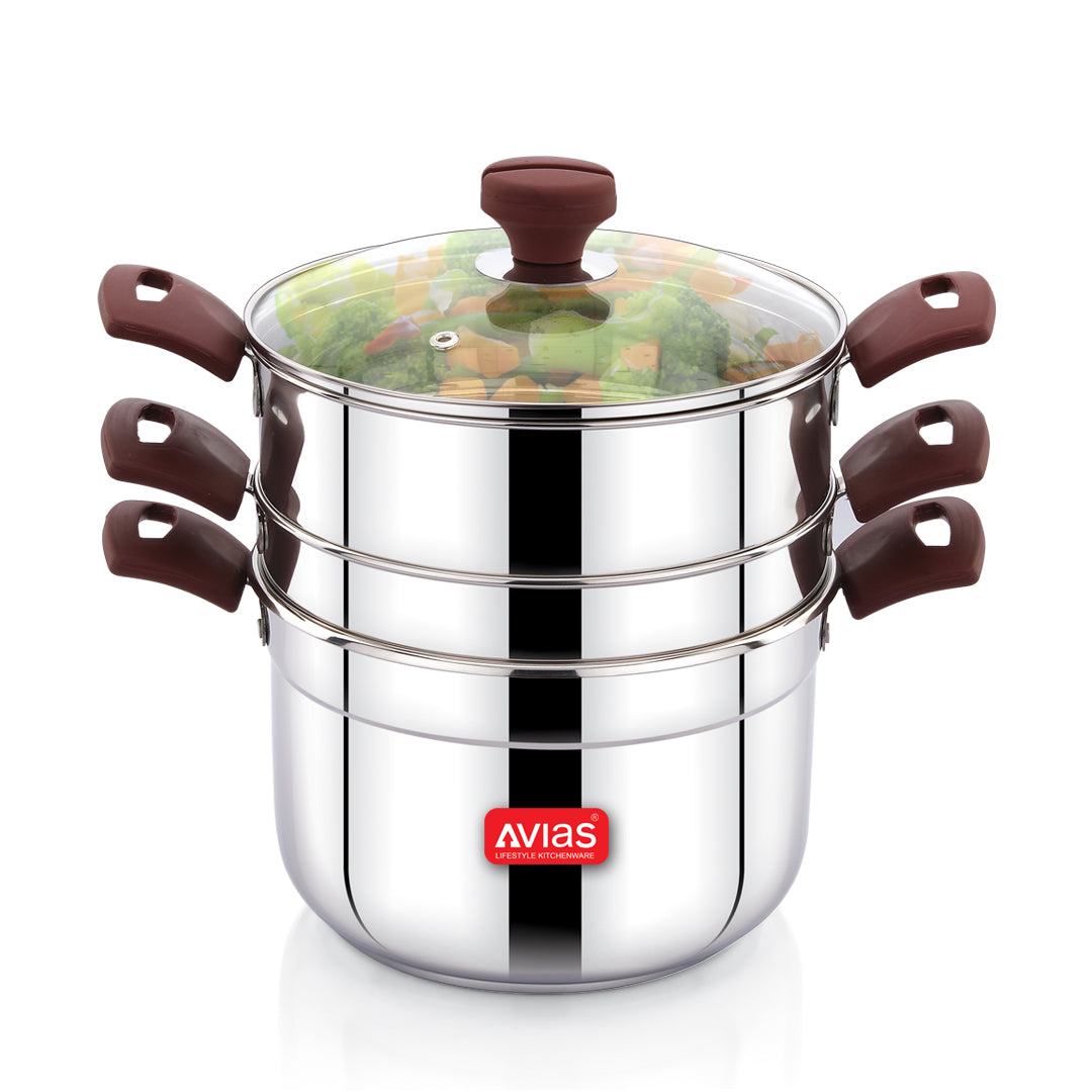 Avias Kitchen Pro Multipurpose Cookpot with Glass Lid Included Steamer, Strainer and 4 Idly Plates (16 Idlies) for Easy Cooking, Triply Bottom