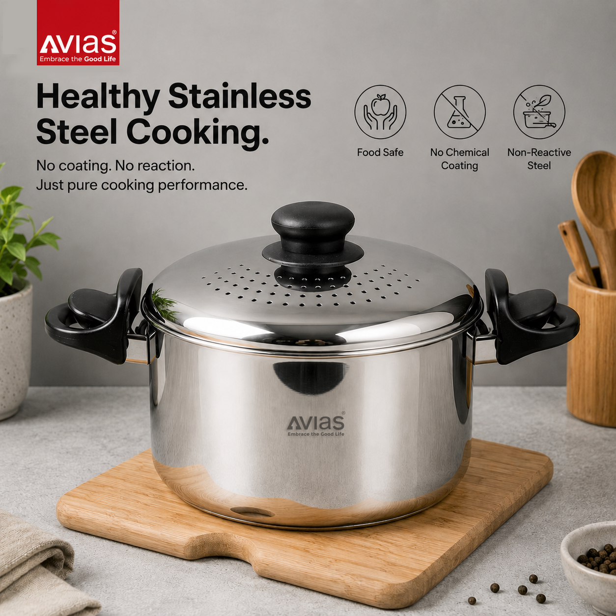 Avias Stainless Steel Strainer Pot 3L | Built-in Strainer | Induction Compatible