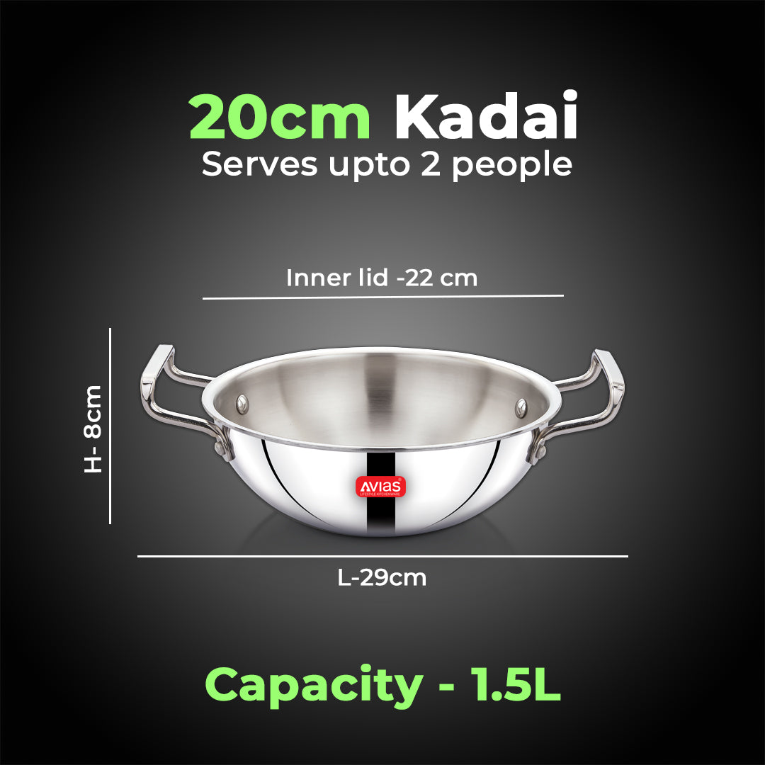 AVIAS AVI3 Triply Kadai, 20 cm Stainless Steel Kadhai without Lid, 3 Layer, Steel Casted Handles, Flat Bottom Kadhai with Induction Base, 2.5 Mm Thickness, 1.5 Litre Capacity