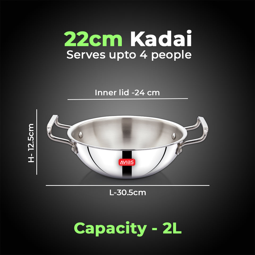 AVIAS AVI3 Triply Kadai, 20 cm Stainless Steel Kadhai without Lid, 3 Layer, Steel Casted Handles, Flat Bottom Kadhai with Induction Base, 2.5 Mm Thickness, 1.5 Litre Capacity
