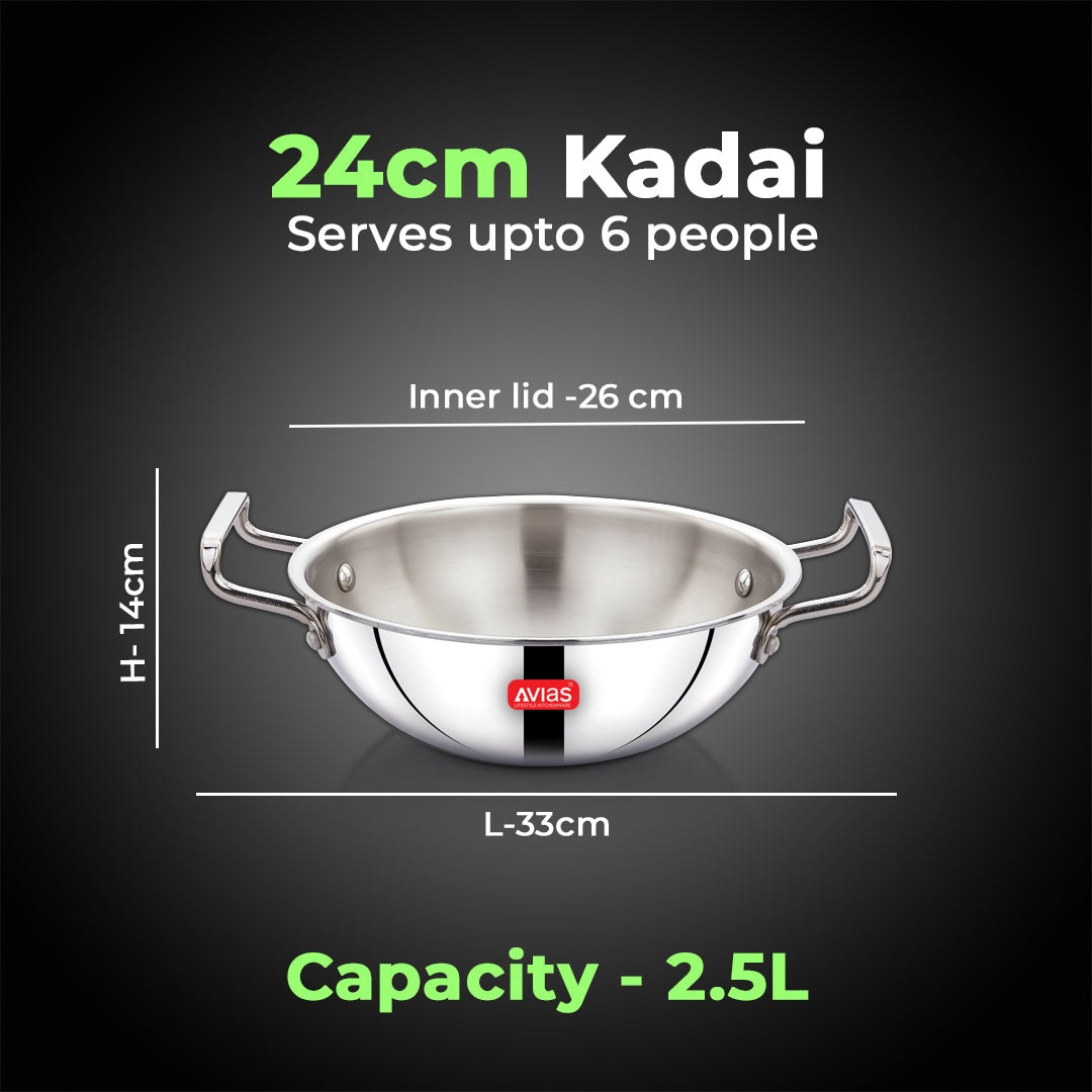 AVIAS AVI3 Triply Kadai, 20 cm Stainless Steel Kadhai without Lid, 3 Layer, Steel Casted Handles, Flat Bottom Kadhai with Induction Base, 2.5 Mm Thickness, 1.5 Litre Capacity