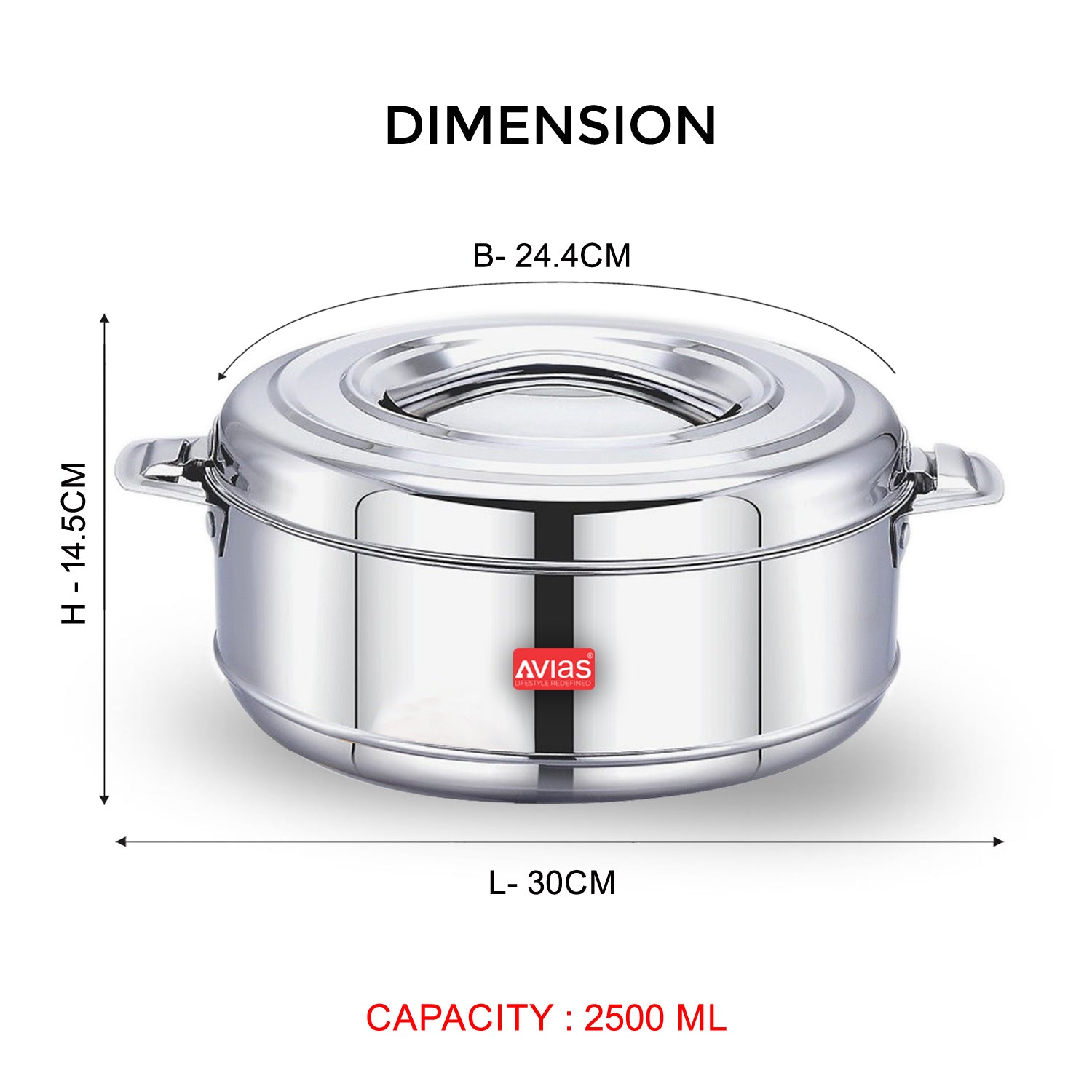 AVIAS Astra Double Wall Insulated Stainless Steel Casserole / Hot Box for Kitchen / Hot Case with Steel Lid / Silver Hot Pot for Roti-Rice-Gravy / Chapathi Box / Twisted Lock / 1000ml, 1500ml, 2500ml, 3500ml, 5000ml, 7500ml, 10000ml