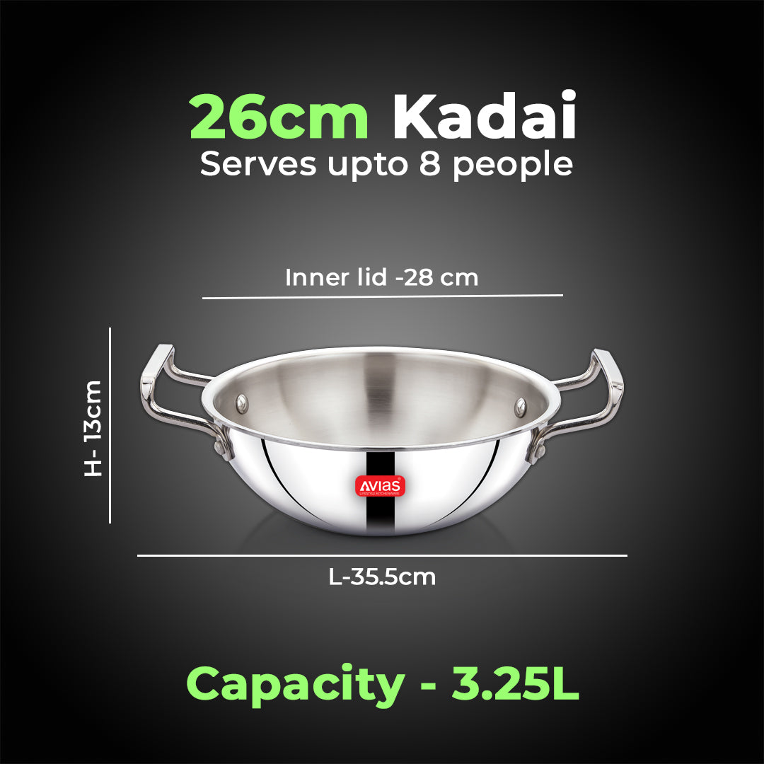 AVIAS AVI3 Triply Kadai, 20 cm Stainless Steel Kadhai without Lid, 3 Layer, Steel Casted Handles, Flat Bottom Kadhai with Induction Base, 2.5 Mm Thickness, 1.5 Litre Capacity