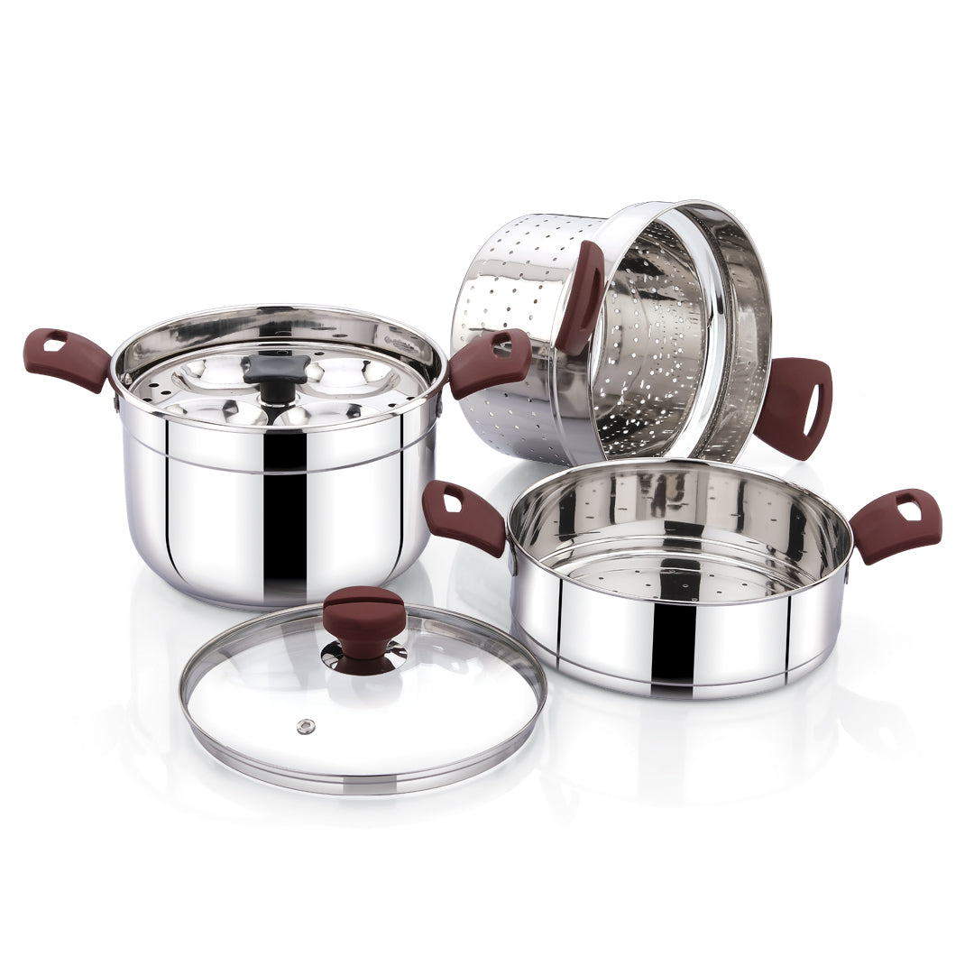Avias Kitchen Pro Multipurpose Cookpot with Glass Lid Included Steamer, Strainer and 4 Idly Plates (16 Idlies) for Easy Cooking, Triply Bottom