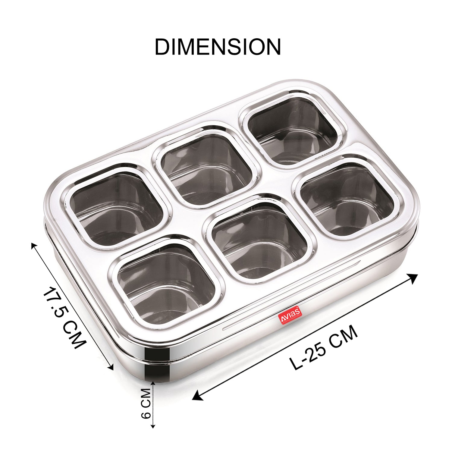 AVIAS stainless steel dry fruit cum spice box with 6 square dimension