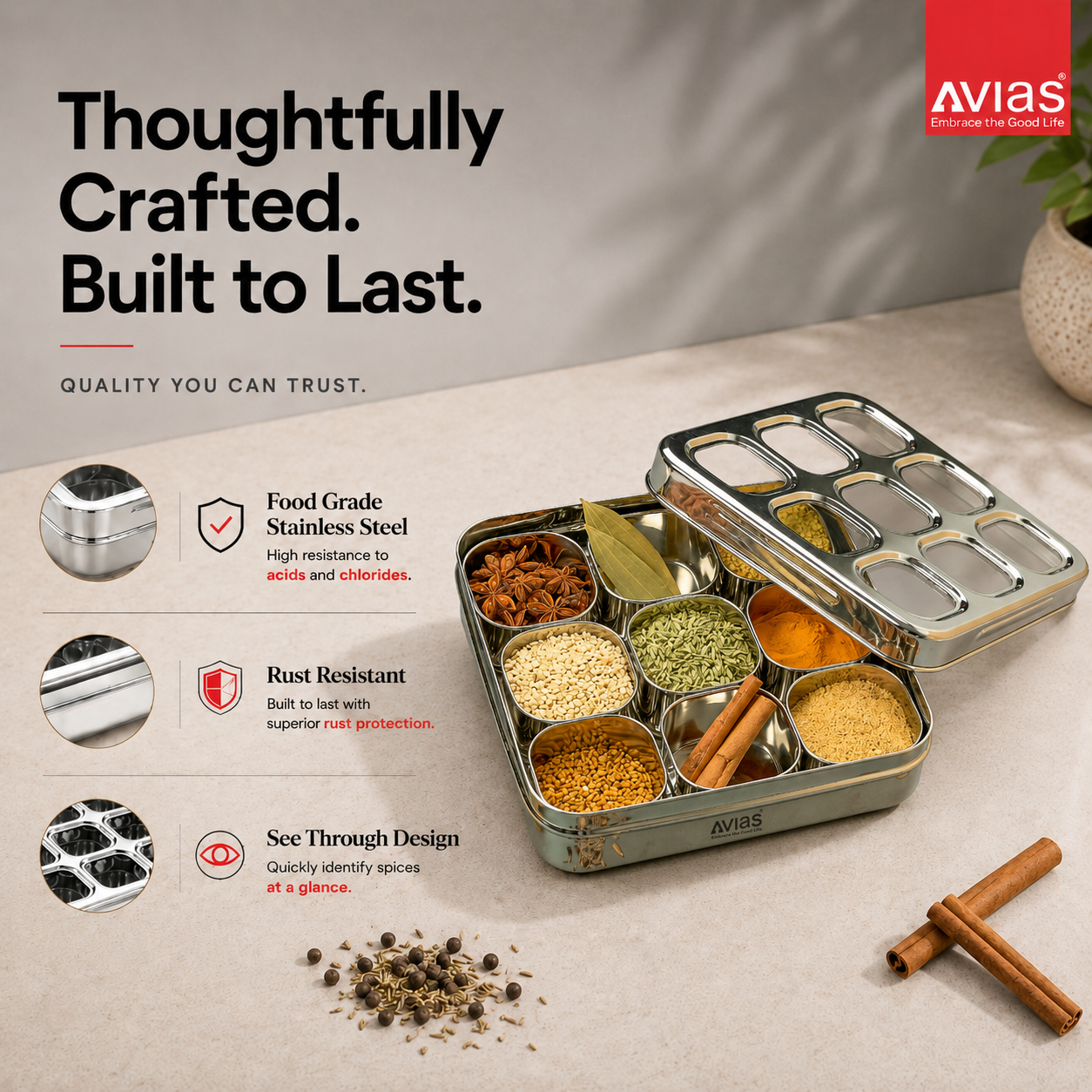 Avias 9-Square Stainless Steel Spice Box | Masala Dabba | 9 Compartments | Medium