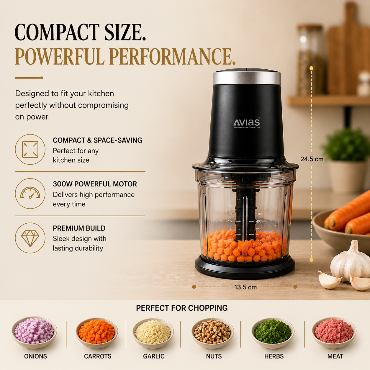 Avias Avismart Electric Vegetable Chopper | 300W Copper Motor | 2 Speed | 900ml | 4 SS Blades | 2 Yr Warranty