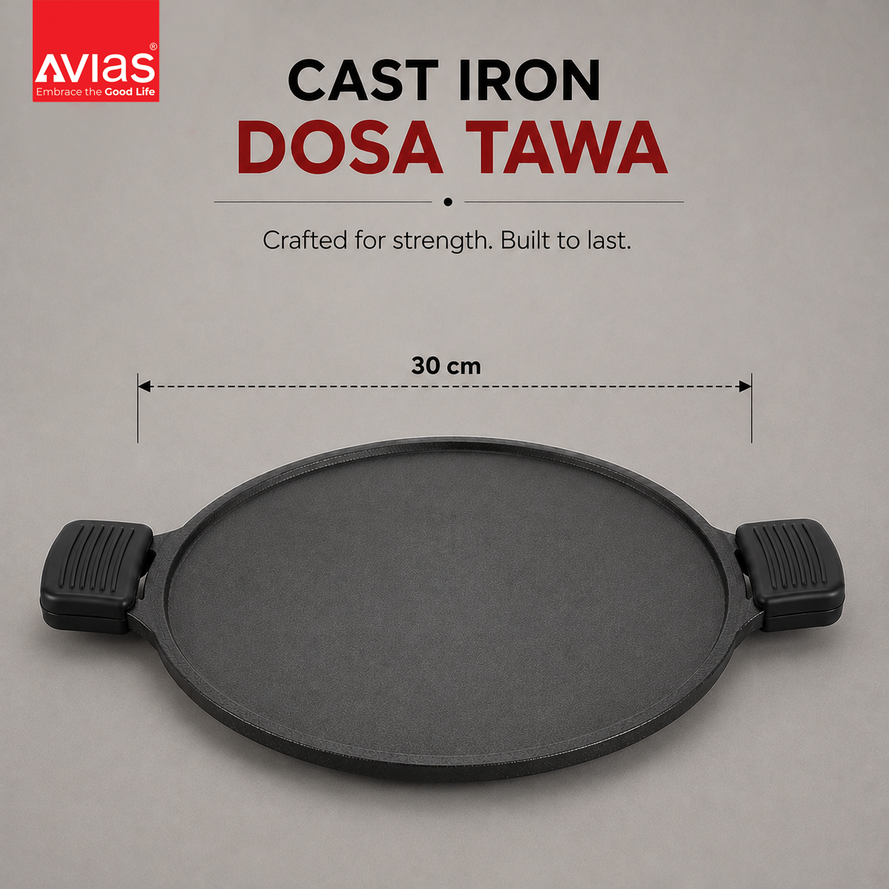 Avias Cast Iron Dosa Tawa | Dosa Kallu | 12 Inch | Pre-Seasoned | Induction Compatible | 100% Natural & Toxin-Free