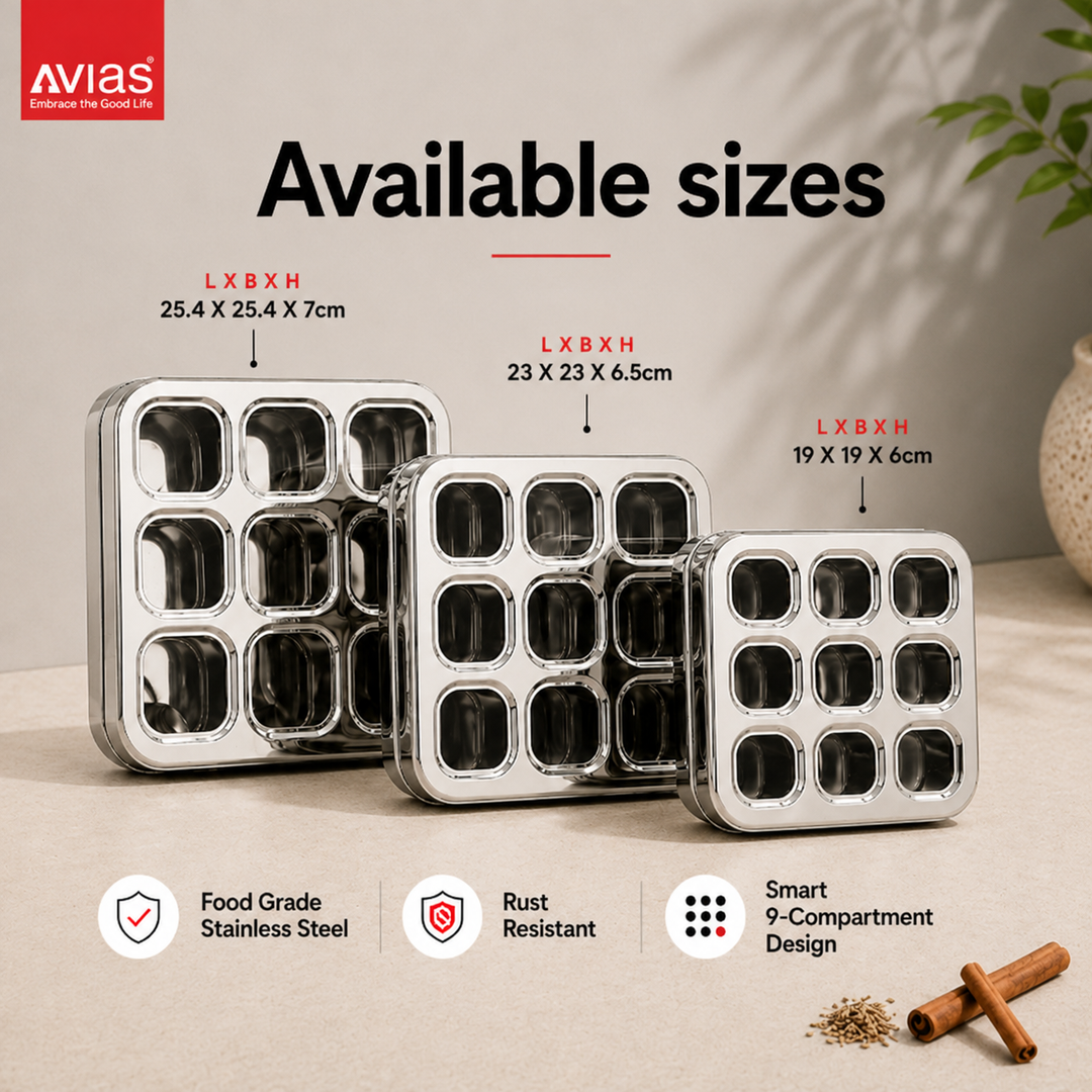 Avias 9-Square Stainless Steel Spice Box | Masala Dabba | 9 Compartments | Medium