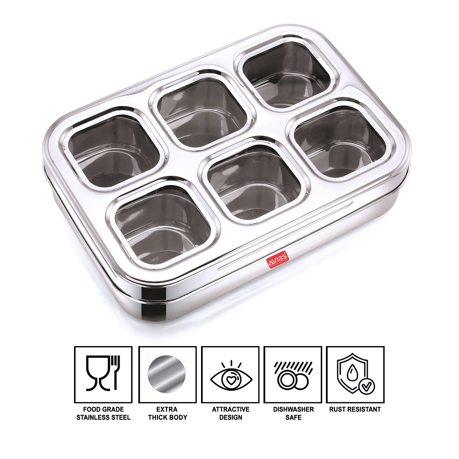 AVIAS stainless steel dry fruit cum spice box with 6 square compartments features