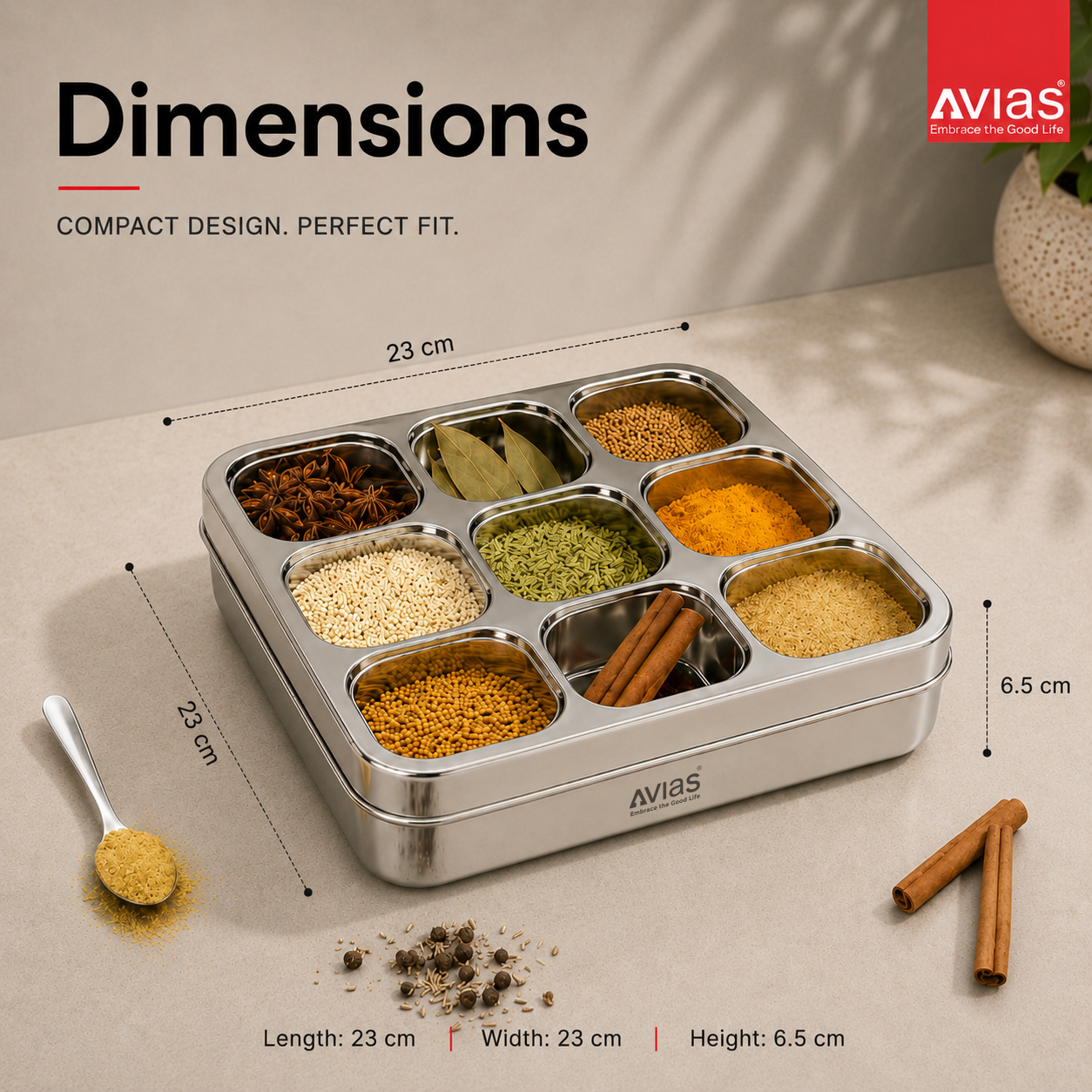 Avias 9-Square Stainless Steel Spice Box | Masala Dabba | 9 Compartments | Medium
