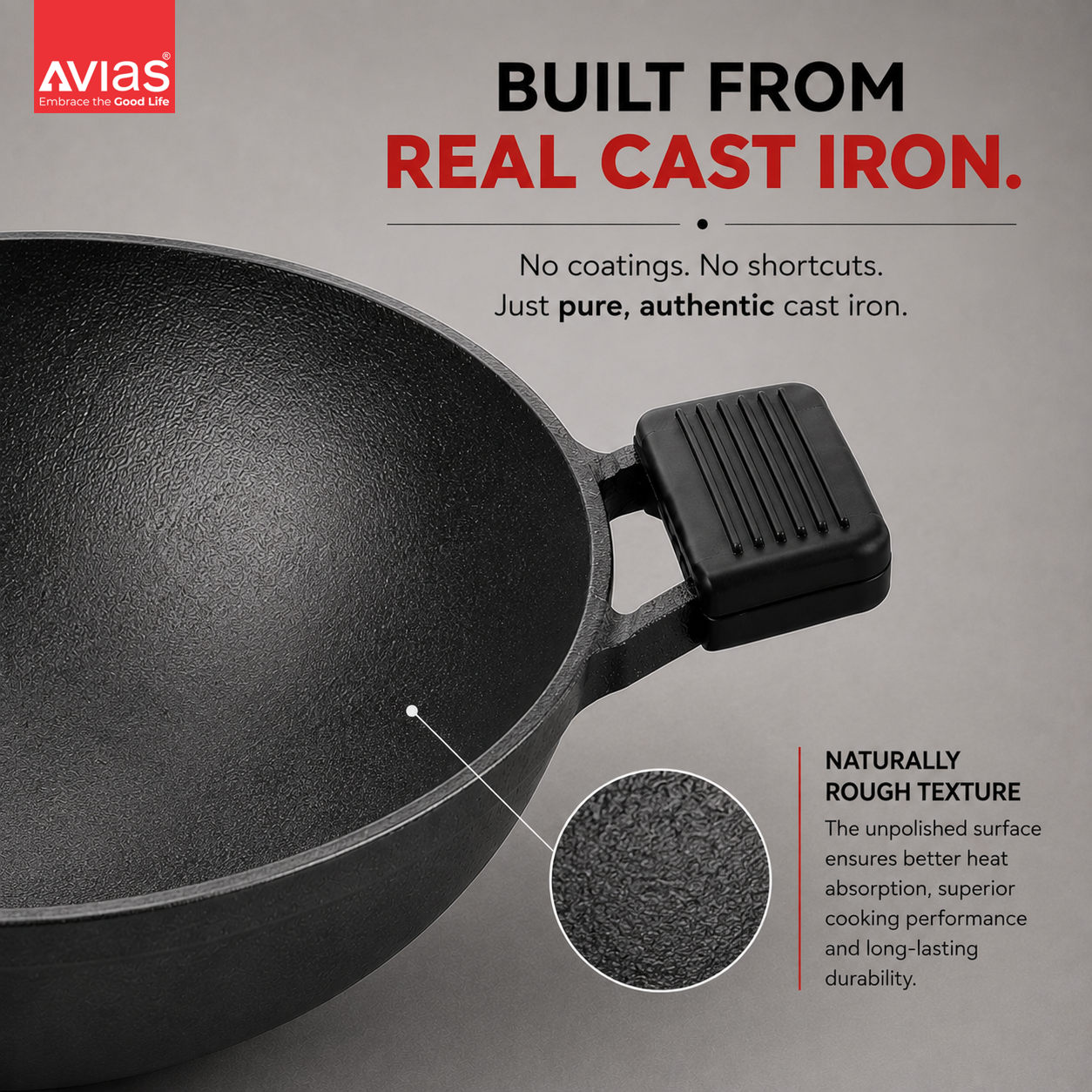 Avias Cast Iron Deep Kadai | Irumbhu Kadai | Pre-Seasoned | Induction Compatible | 100% Natural & Toxin-Free