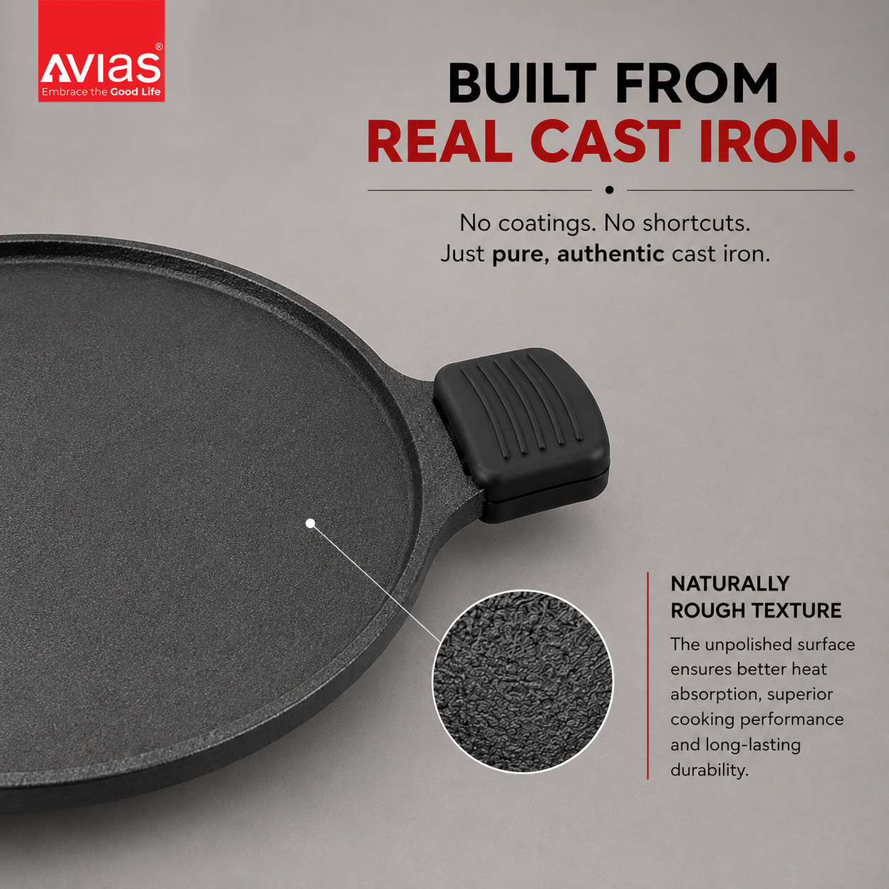 Avias Cast Iron Dosa Tawa | Dosa Kallu | 12 Inch | Pre-Seasoned | Induction Compatible | 100% Natural & Toxin-Free