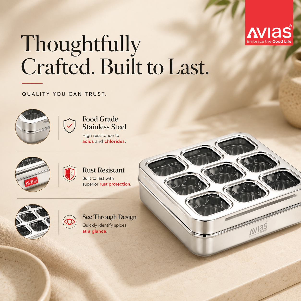 Avias 9-Square Stainless Steel Spice Box | Masala Dabba | 9 Compartments | Large