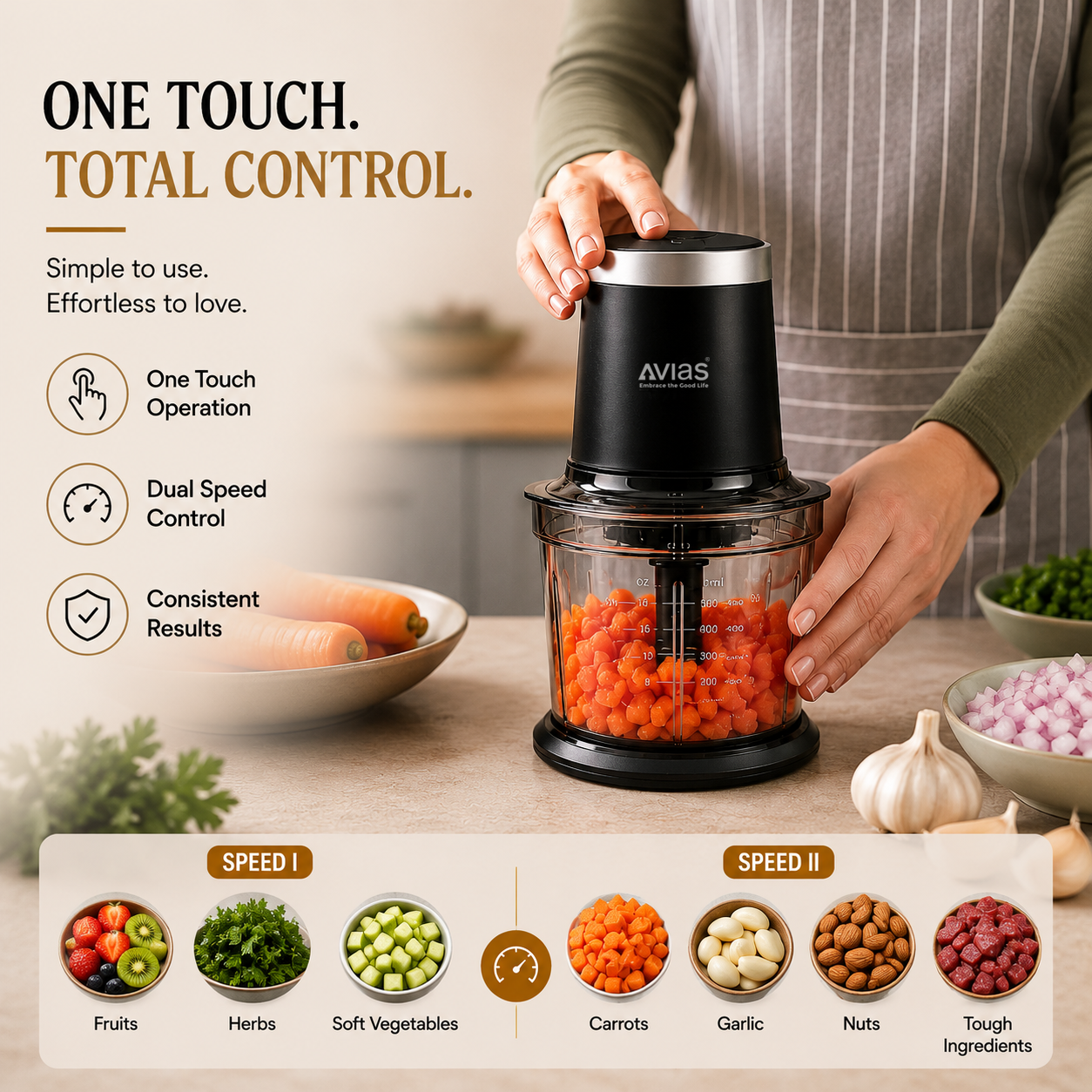 Avias Avismart Electric Vegetable Chopper | 300W Copper Motor | 2 Speed | 900ml | 4 SS Blades | 2 Yr Warranty