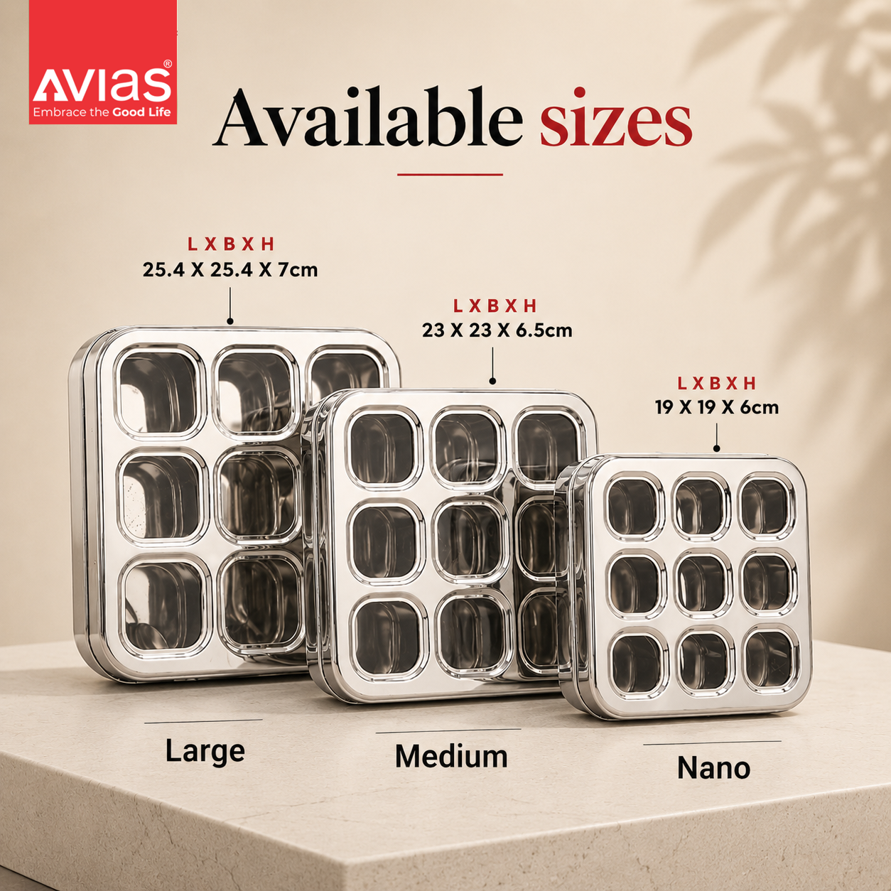 Avias 9-Square Stainless Steel Spice Box | Masala Dabba | 9 Compartments | Large