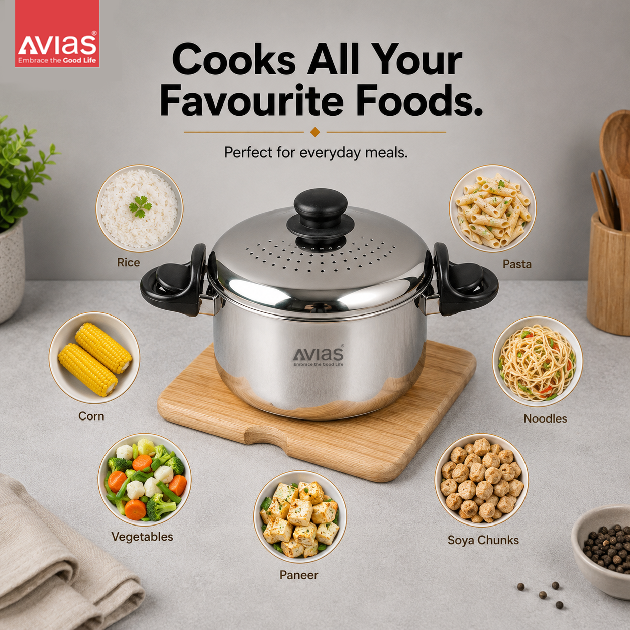 Avias Stainless Steel Strainer Pot 3.7L | Built-in Strainer + Glass Lid | Induction Compatible