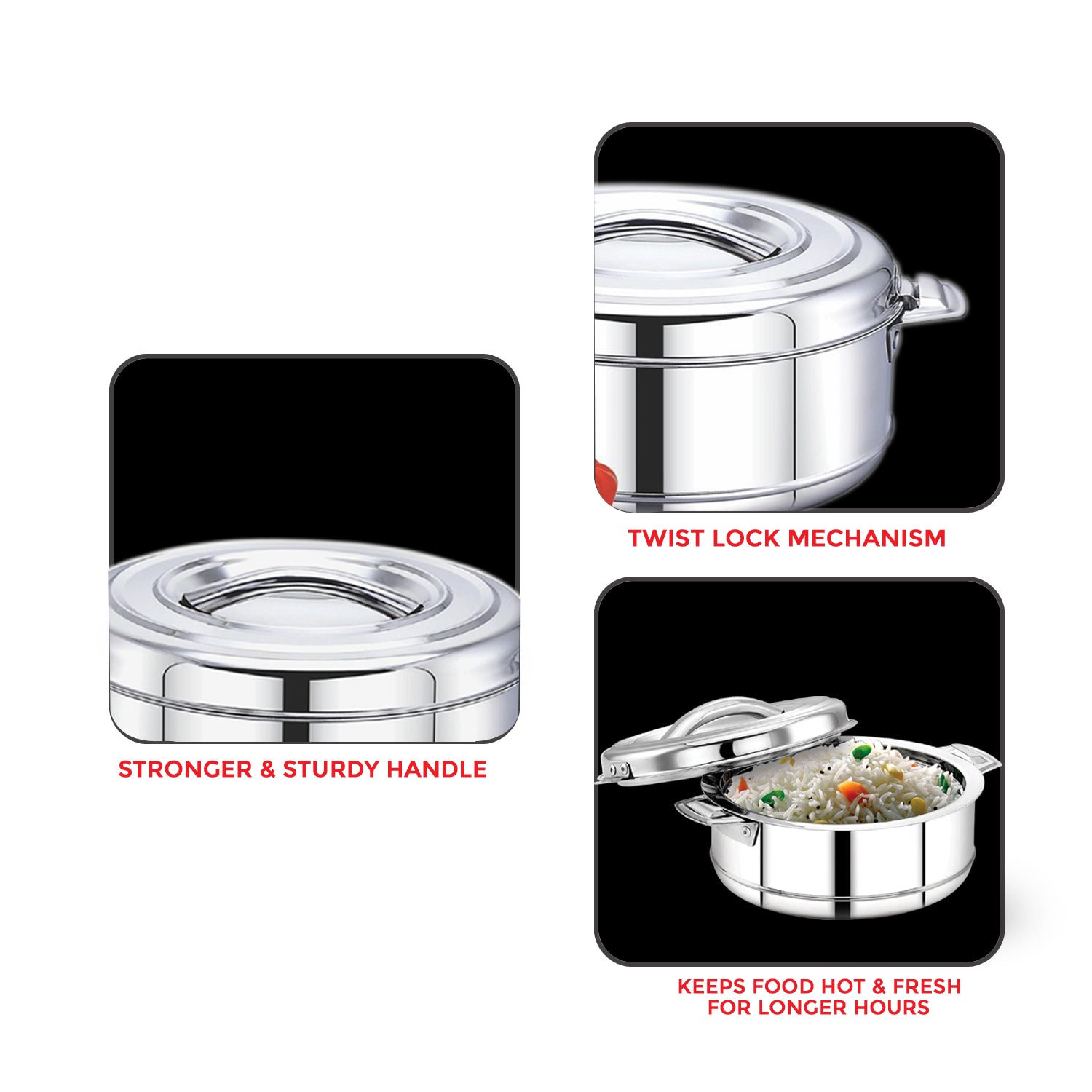 AVIAS Astra Double Wall Insulated Stainless Steel Casserole / Hot Box for Kitchen / Hot Case with Steel Lid / Silver Hot Pot for Roti-Rice-Gravy / Chapathi Box / Twisted Lock / 1000ml, 1500ml, 2500ml, 3500ml, 5000ml, 7500ml, 10000ml