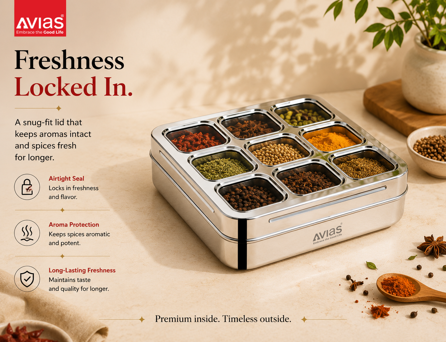 Avias 9-Square Stainless Steel Spice Box | Masala Dabba | 9 Compartments | Large