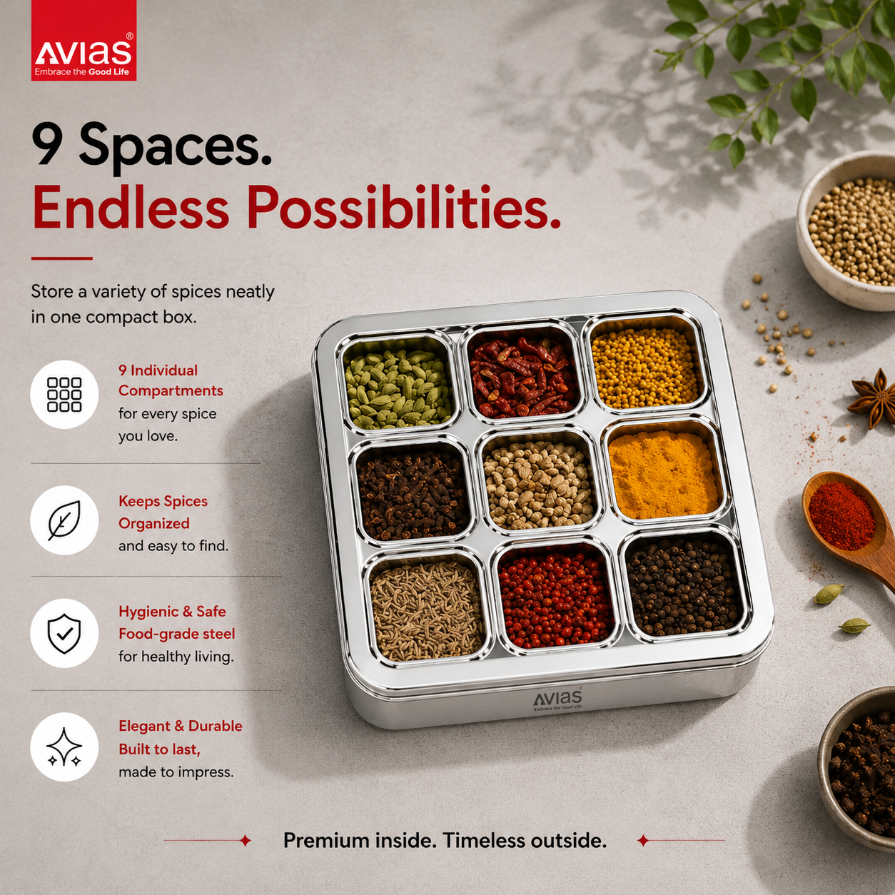 Avias 9-Square Stainless Steel Spice Box | Masala Dabba | 9 Compartments | Medium