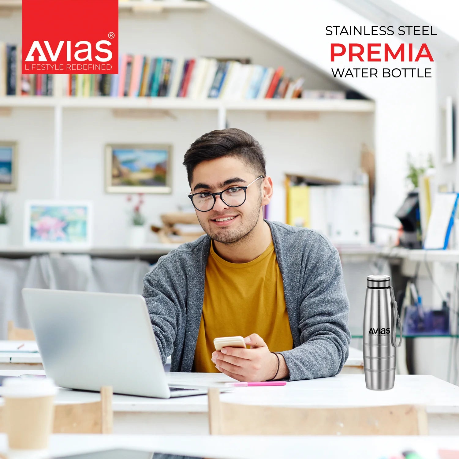 AVIAS Premia Stainless Steel Water Bottle for office/ college use