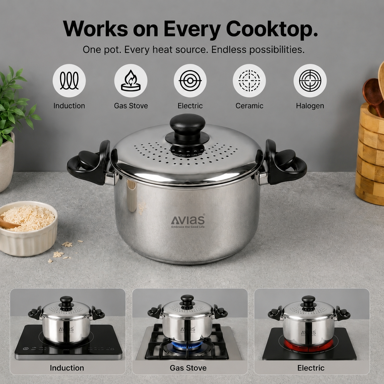 Avias Stainless Steel Strainer Pot 3.7L | Built-in Strainer + Glass Lid | Induction Compatible