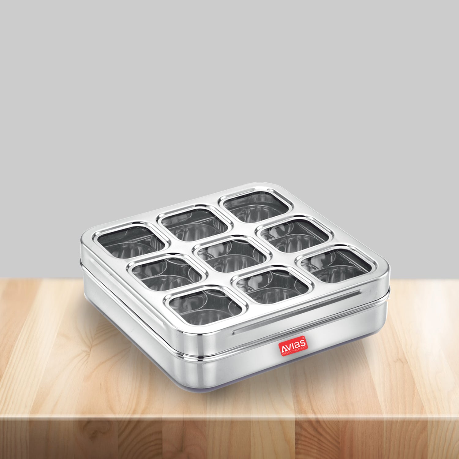 Avias 9-Square Stainless Steel Spice Box | Design Masala Dabba | 9 Compartments | Large
