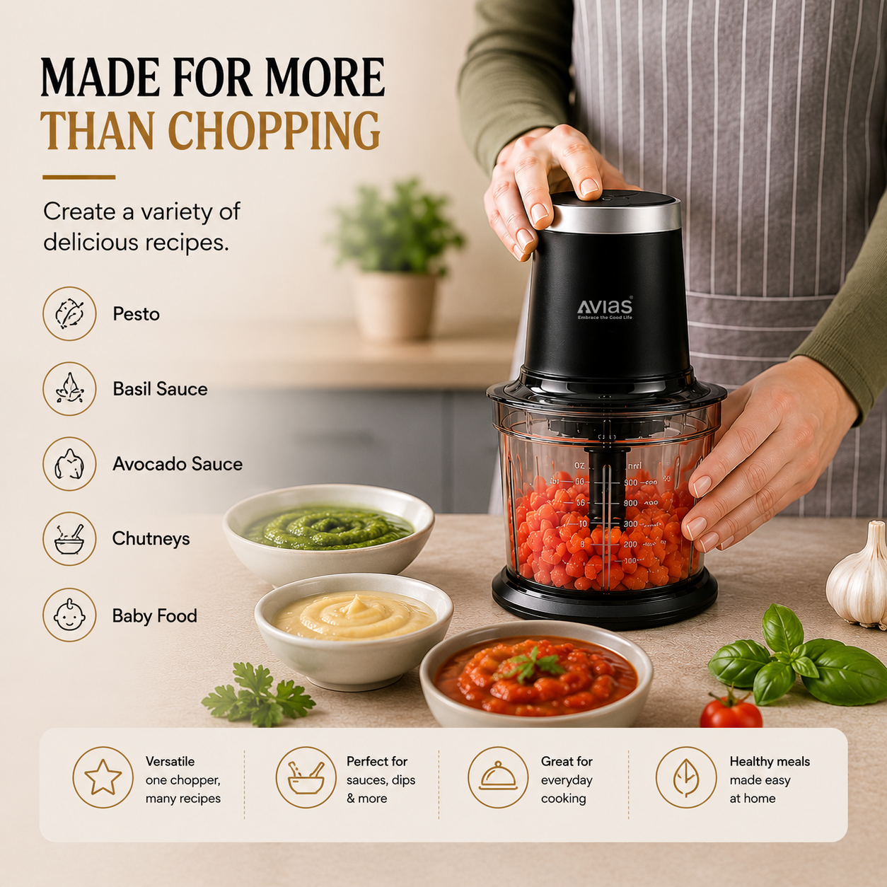 Avias Avismart Electric Vegetable Chopper | 300W Copper Motor | 2 Speed | 900ml | 4 SS Blades | 2 Yr Warranty