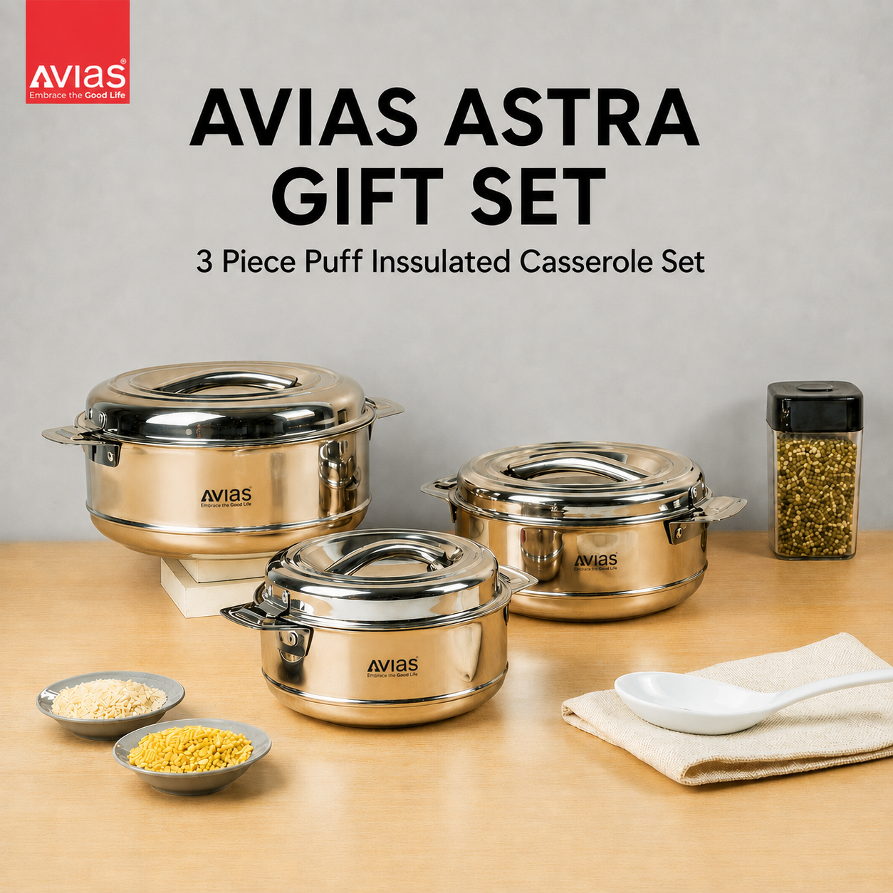 Avias Astra Stainless Steel Insulated Casserole / Hotpot | Double Wall | Gift Set of 3 | 1L,1.5L,2.5L
