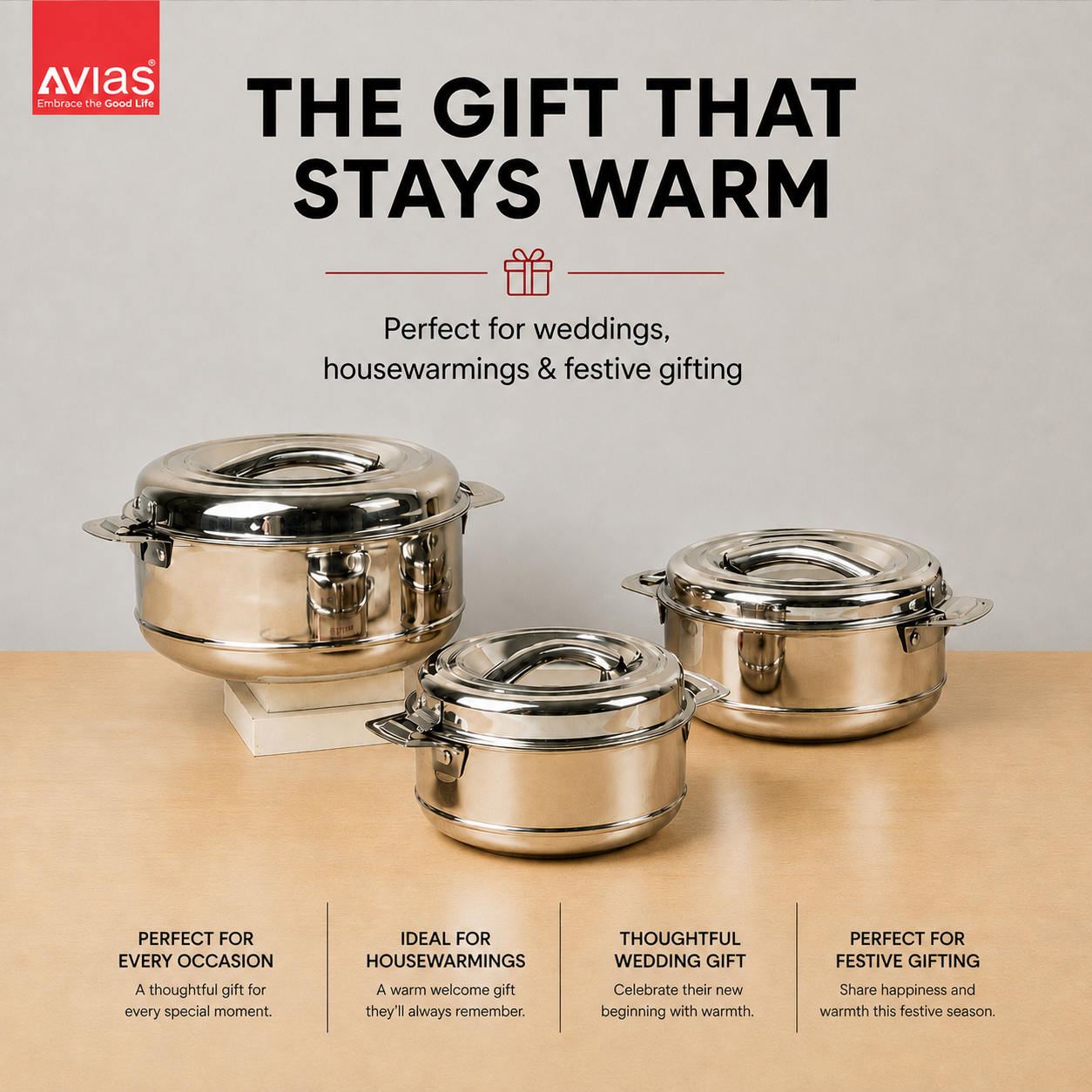 Avias Astra Stainless Steel Insulated Casserole / Hotpot | Double Wall | Gift Set of 3 | 1L,1.5L,2.5L