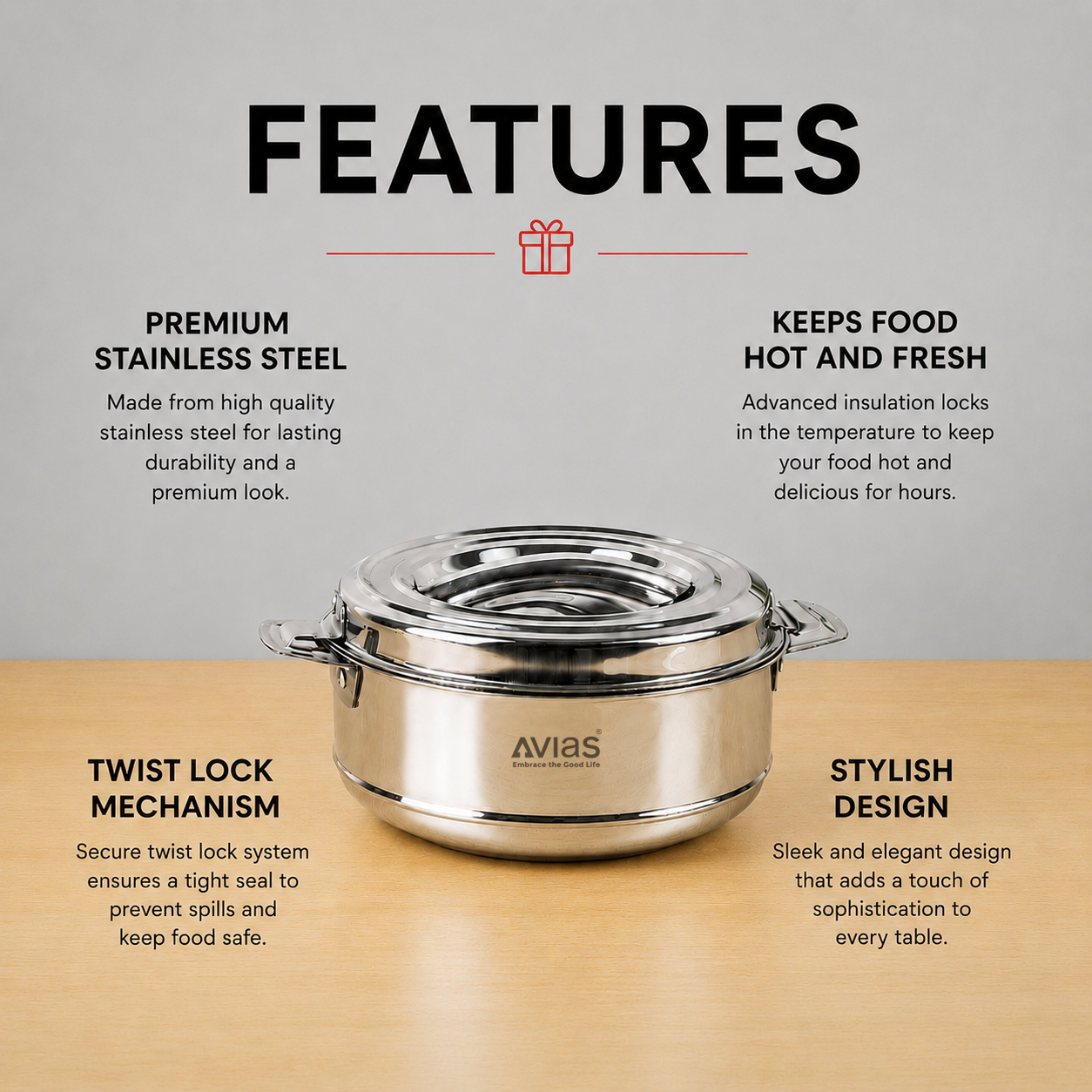 Avias Astra Stainless Steel Insulated Casserole / Hotpot | Double Wall | Gift Set of 3 | 1L,1.5L,2.5L