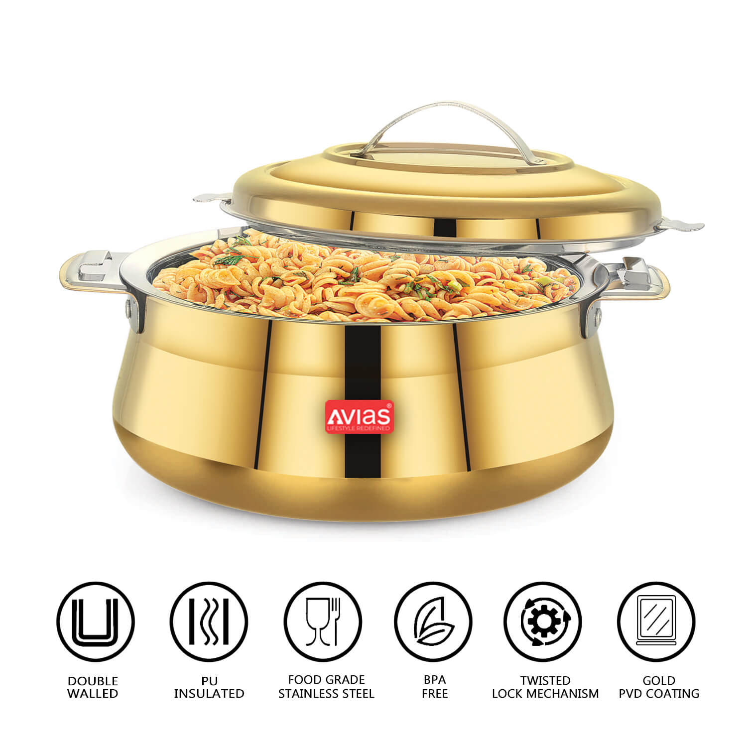 AVIAS Riara Gold Premium Stainless steel casserole/ hotpot/ hot case with twist lock with sturdly side handles | Roti/ chapati, curry , gravy, rice serveware | 1.5L/ 2.5L