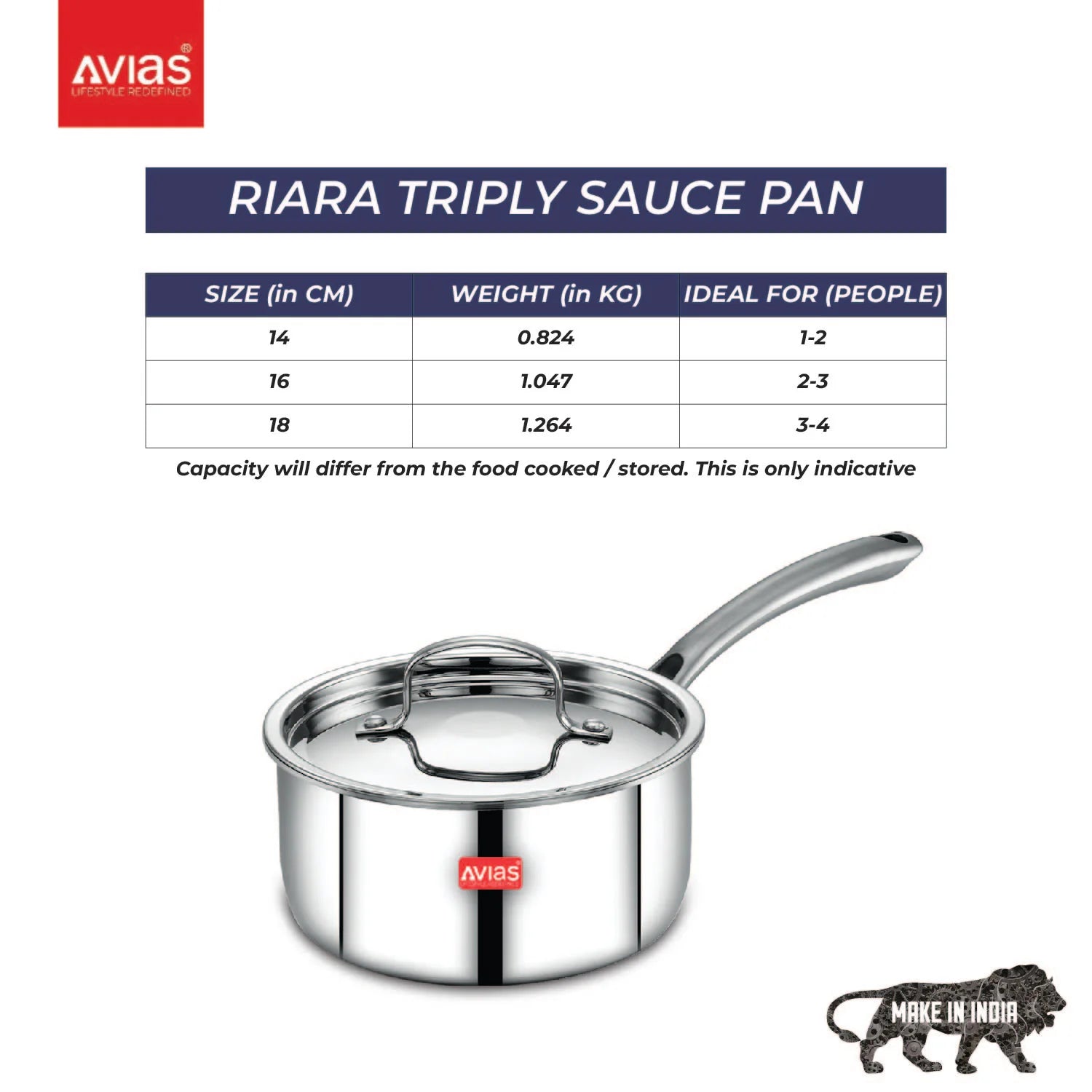 AVIAS Riara premium stainless steel Triply Saucepan capacity for people