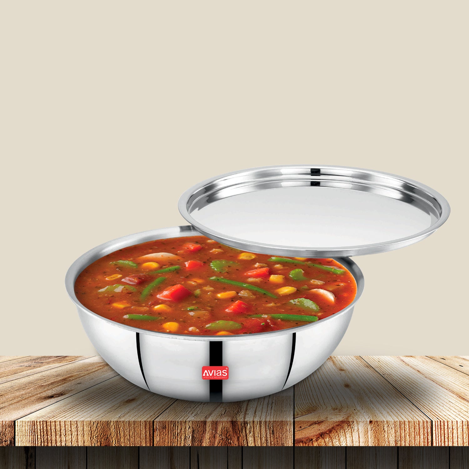 AVIAS Riara premium stainless steel Triply Tasla with steel lid open