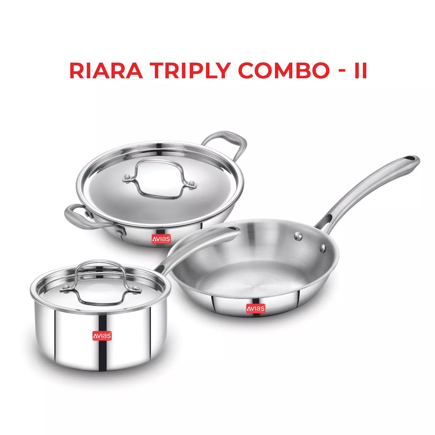 AVIAS Stainless steel Triply Combo II - Riara (Kadai 22cm + Frypan 22cm + Saucepan 14cm)
